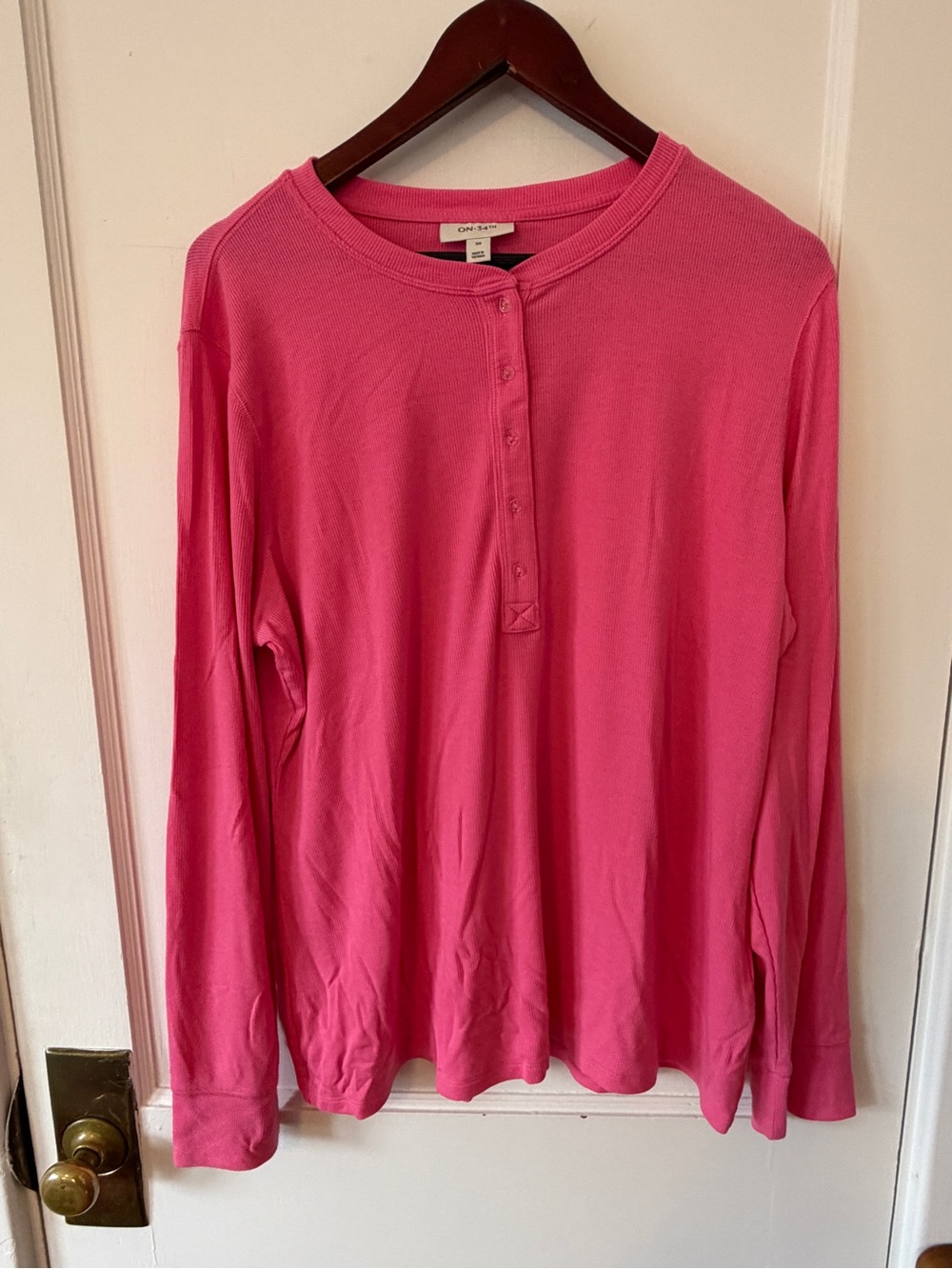 On 34th Henley Pink Womens Shirt Plus Pink Ribbed Long Sleeve Stretch Casual 3X